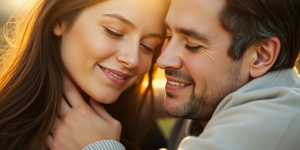 Couple embracing peacefully, soft light.