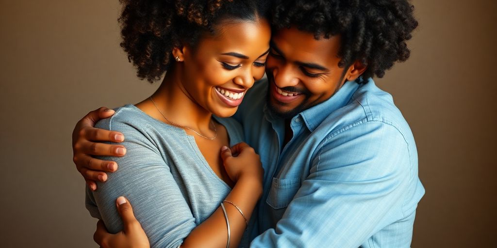 Couple embracing, radiating confidence and intimacy.