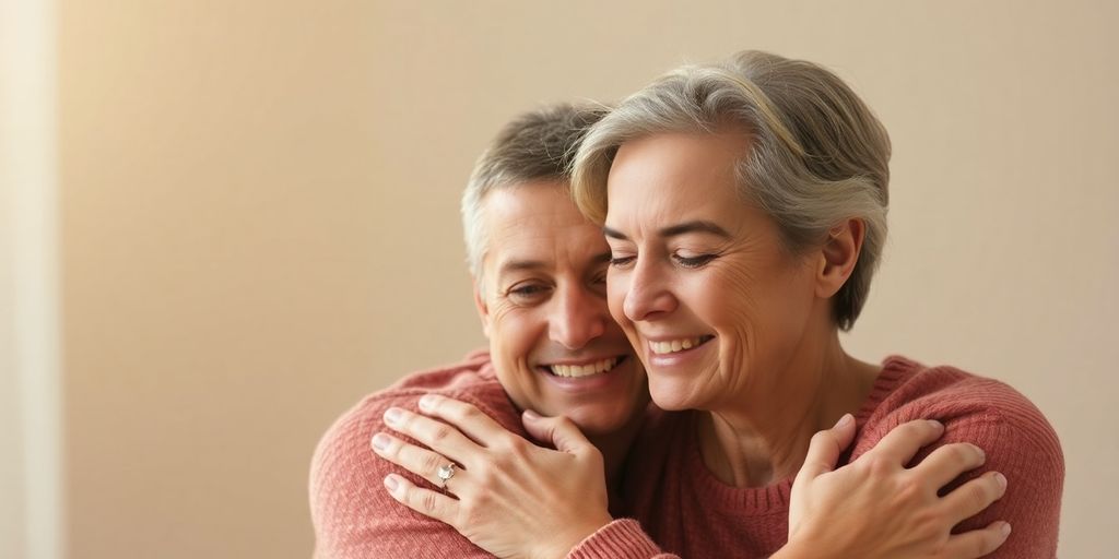 Couple embracing, soft lighting.