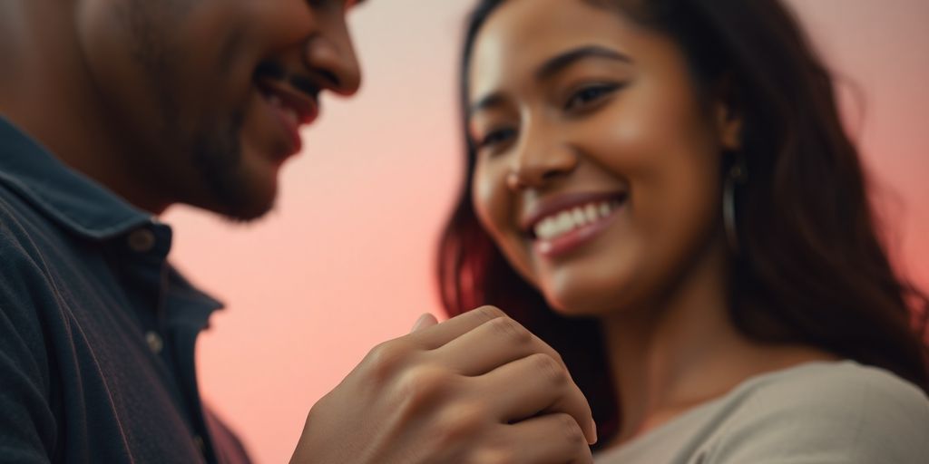 Couple embracing, subtle red glow, thoughtful expressions.