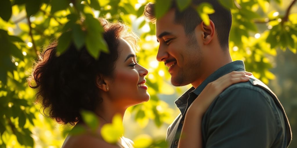 Couple embracing, sunlight filtering through leaves.