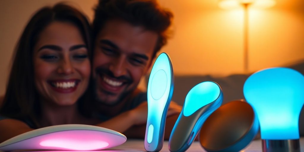 Couple embracing, surrounded by glowing tech toys.