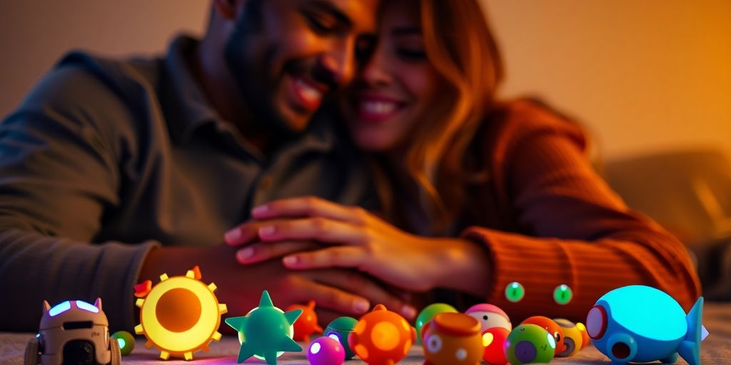 Couple embracing, surrounded by playful, colorful toys.