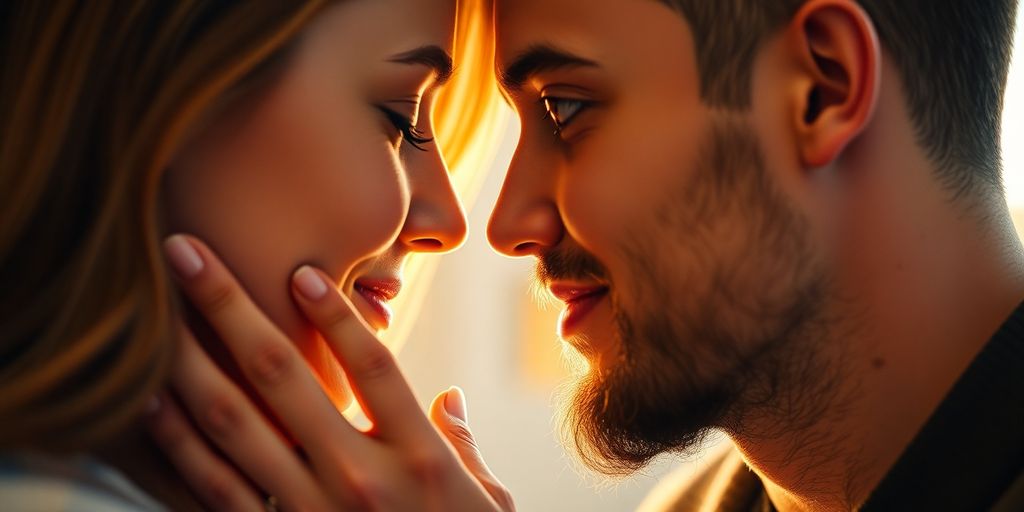 Couple embracing, surrounded by soft light