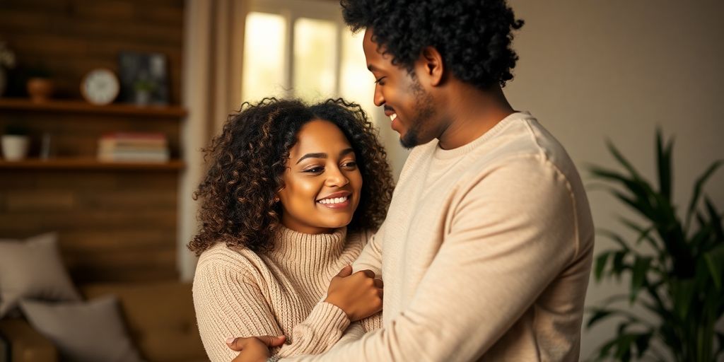 Couple embracing, warm lighting.