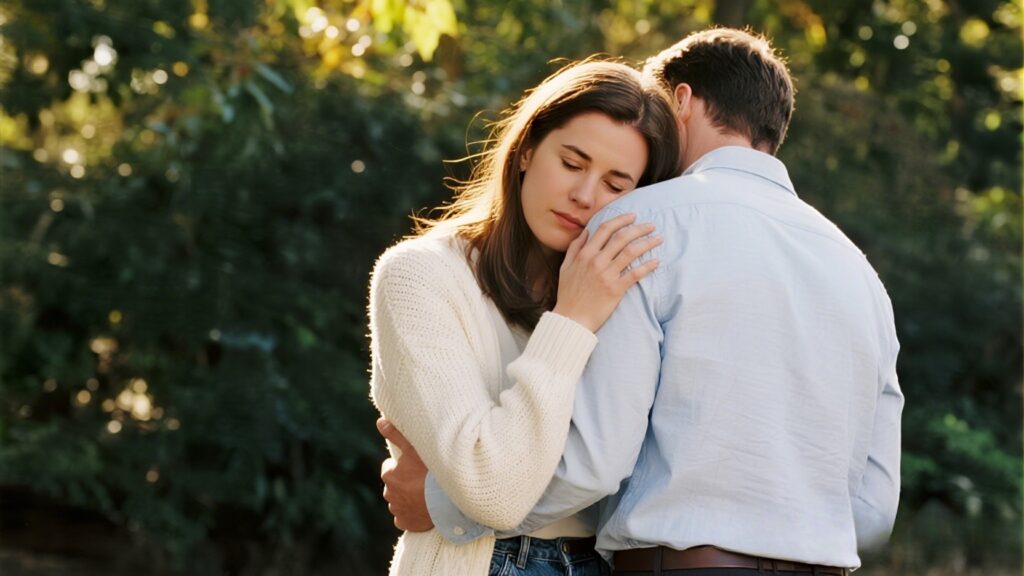 Couple embracing warmly, conveying emotional support.