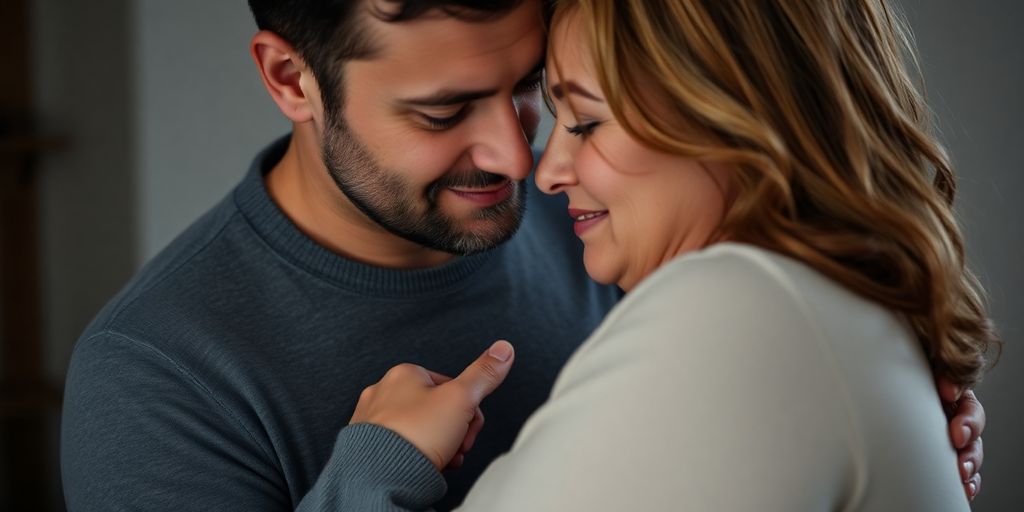 Couple embracing with gentle light.