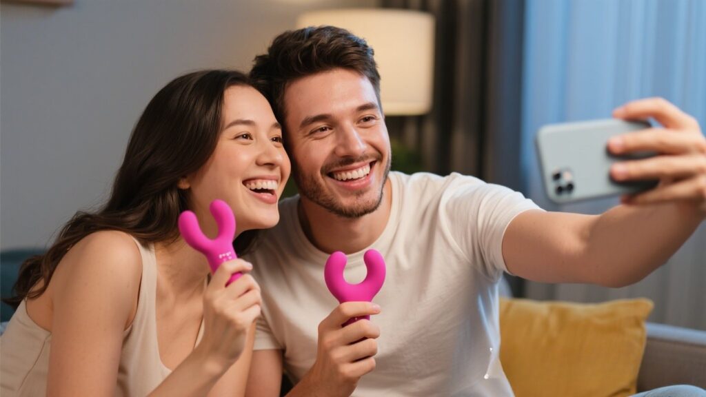 Couple happily video chatting, holding vibrators.