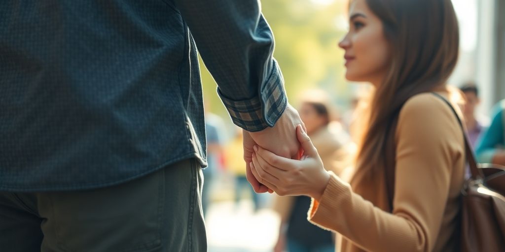 Couple holding hands, connecting across busy schedules.