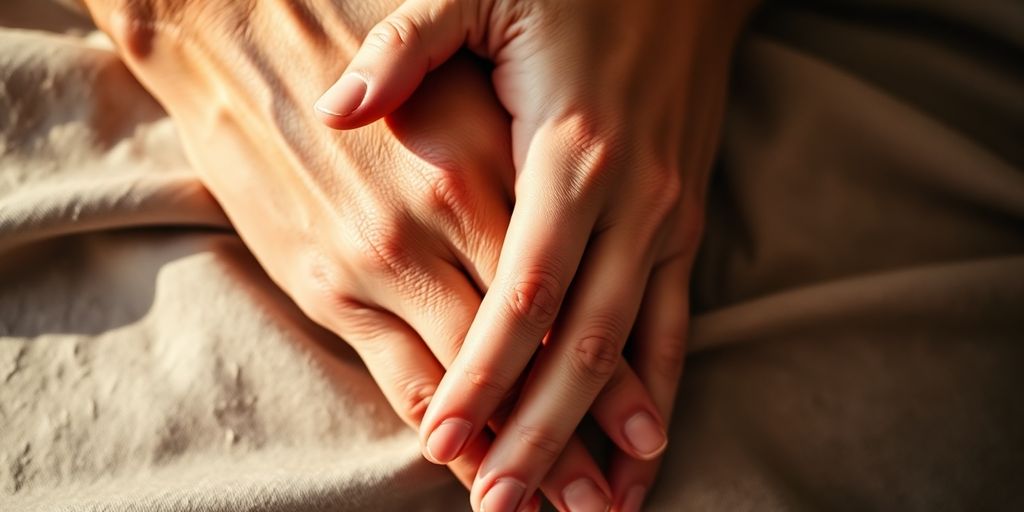 Couple holding hands, diverse, smiling, warm light.