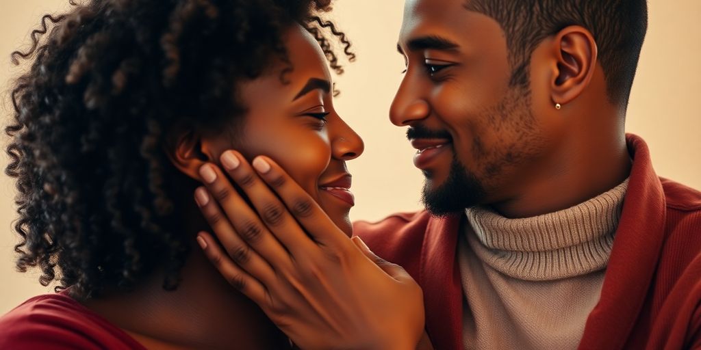 Couple intimately close, sharing a tender moment.