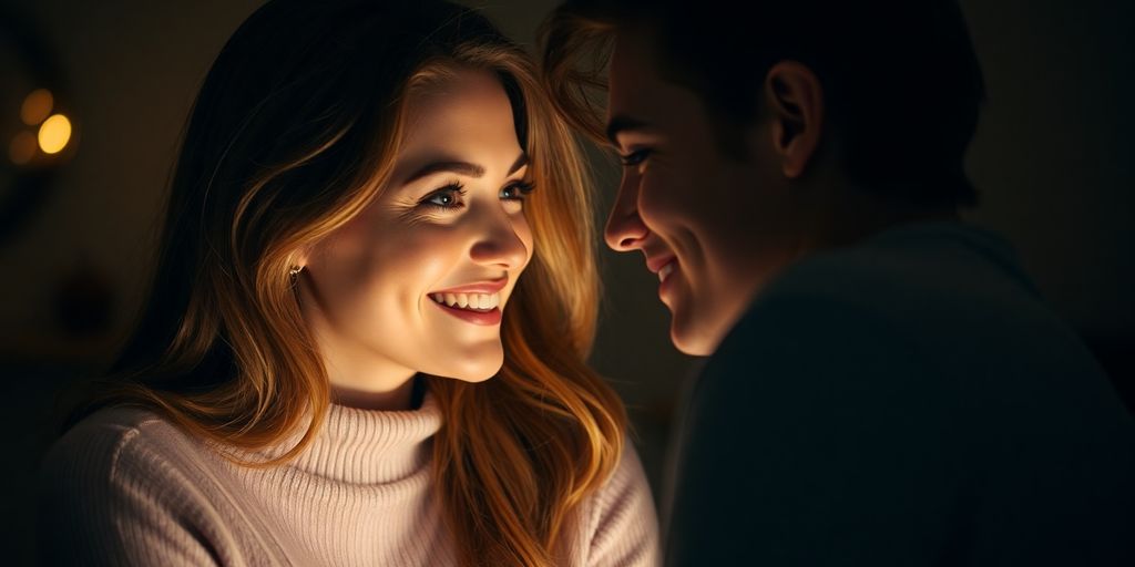 Couple looking warmly at each other, soft lighting.