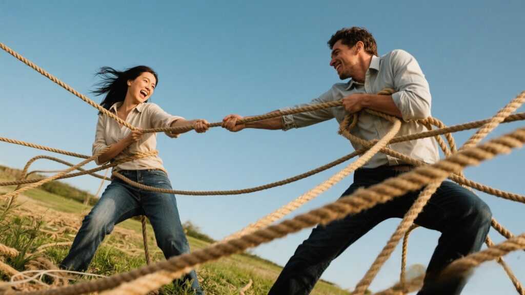 Couple on tangled ropes, one pulling away.