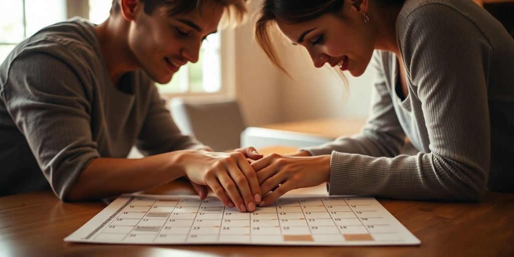 Couple planning dates on a calendar.