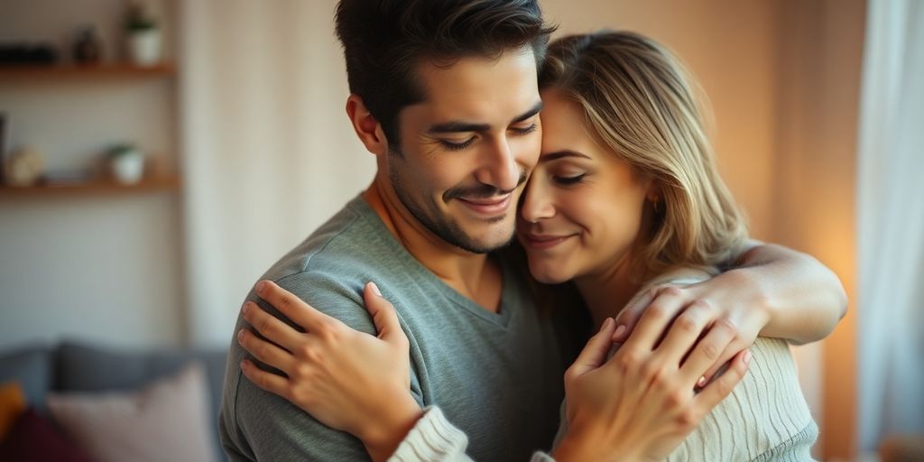 Couple sharing a tender moment in a cozy setting.