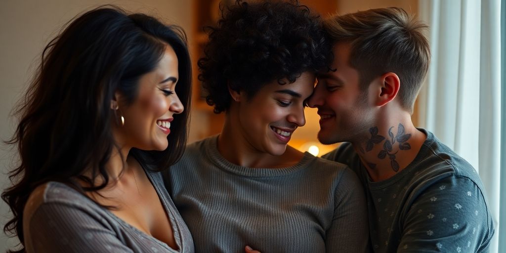 Couple sharing affection with a third person nearby.