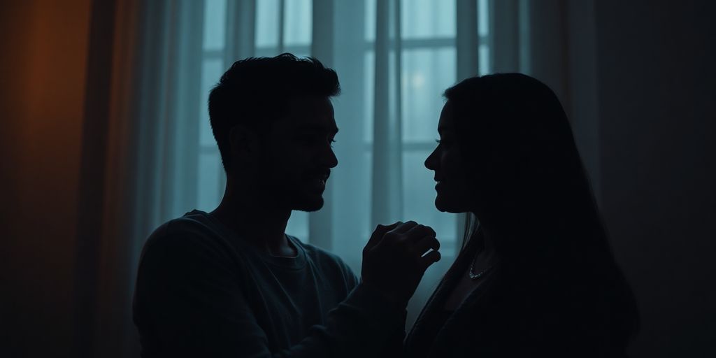 Couple sharing quiet moments with a soft glow.