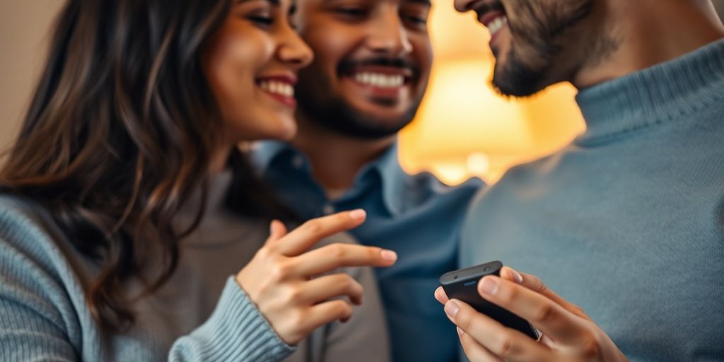 Couple smiles, touching hands, holding small remote control.