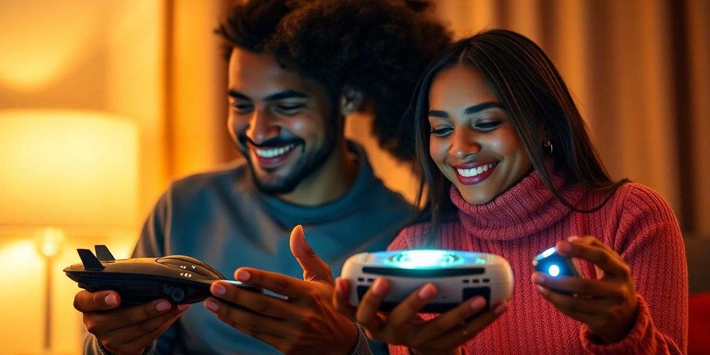 Couple smiles, video chatting, holding remote sex toys.