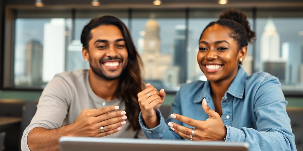 Couple smiling, holding vibrating rings, video call on laptop.