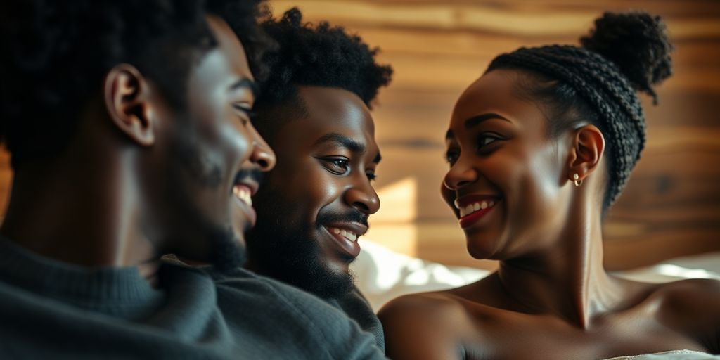 Couple talking, intimate bedroom setting.