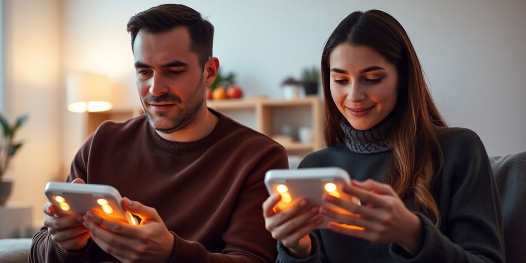 Couple using haptic devices, glowing with warm light.