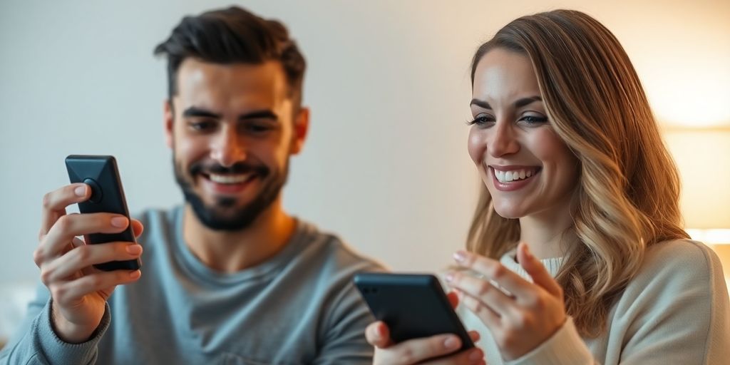 Couple using teledildonics, smiling, happy