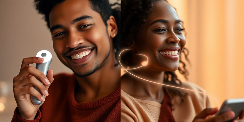 Couple using toy, remote connection across distance.