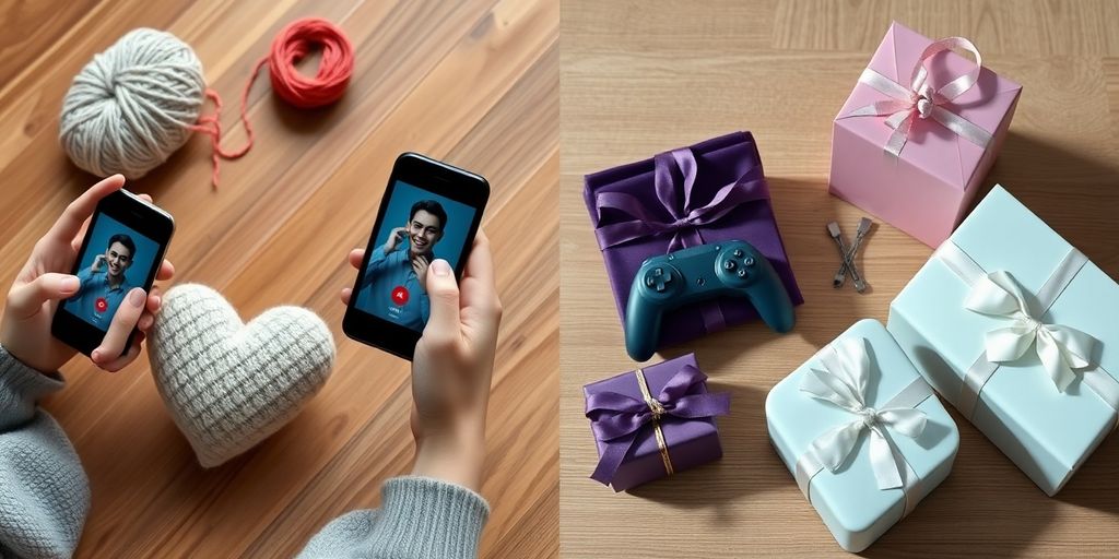 Couple video-calling at table with DIY gifts and luxury packages