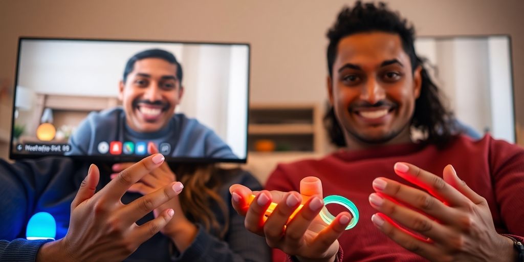 Couple video calling, surrounded by playful toys.