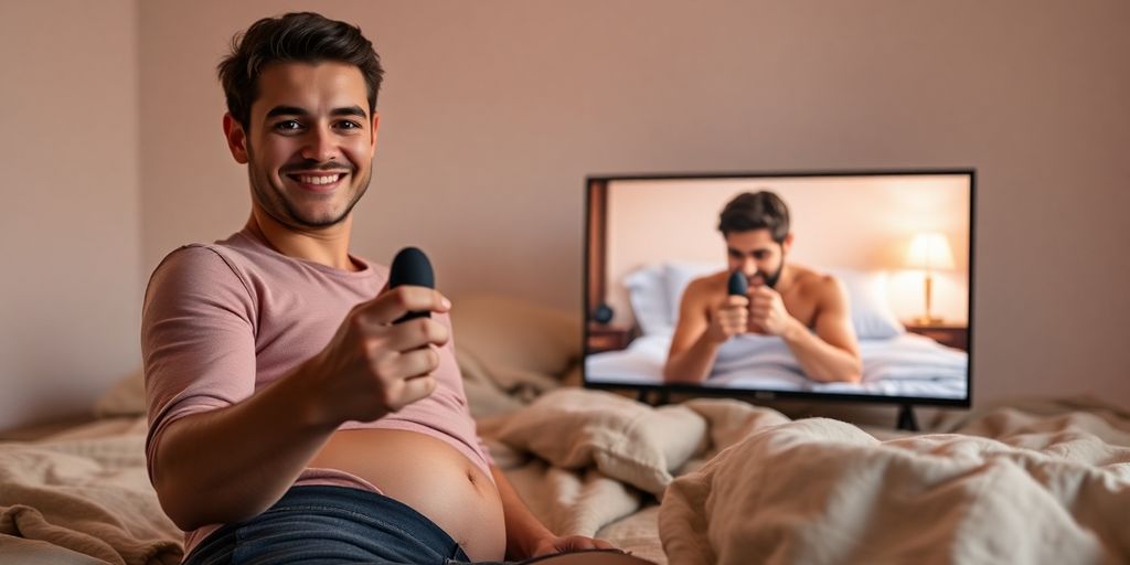 Couple video calling while holding matching intimate toys at home.