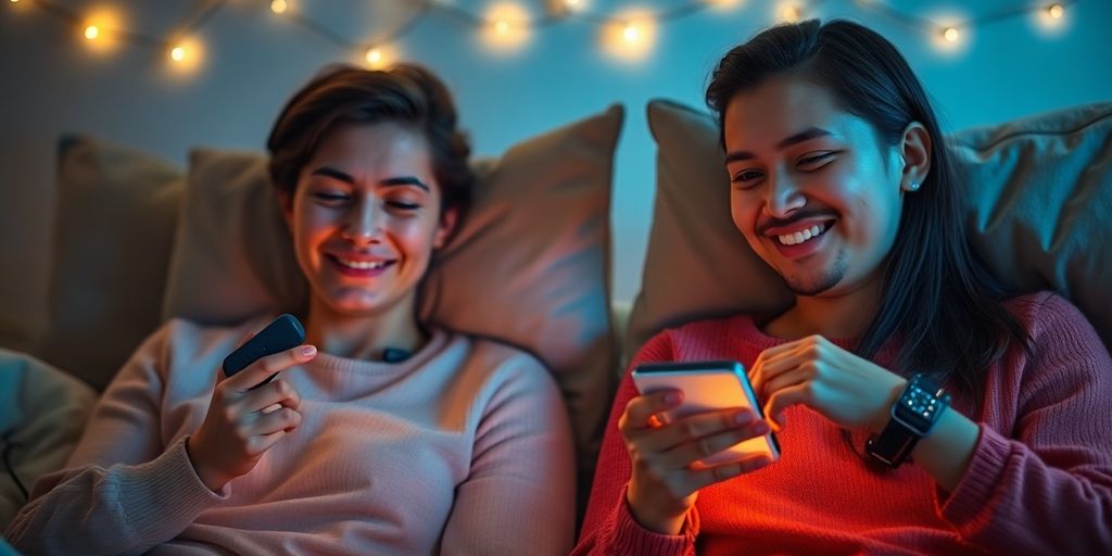 Couple warmly using matching remote-controlled toy devices in separate rooms