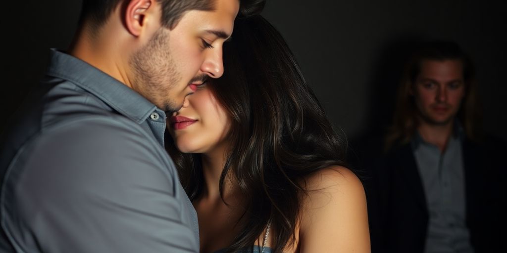 Couple whispering, distant partner looking away.