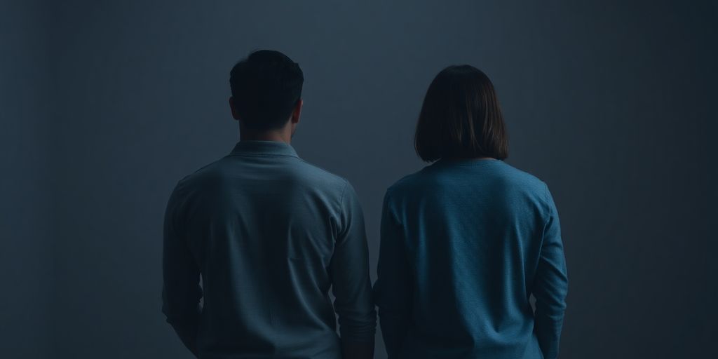 Couple with backs turned, distant from each other.