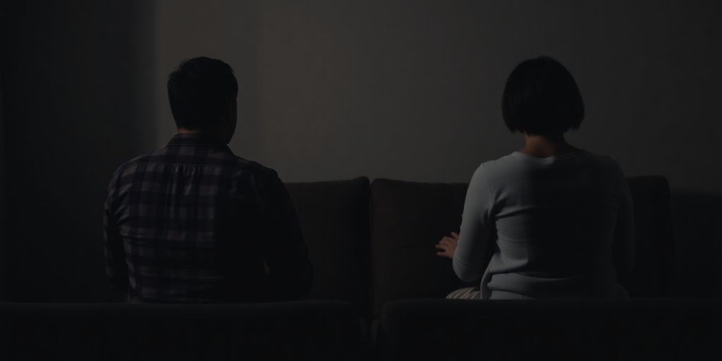 Couple with backs turned, not speaking, in dim room.
