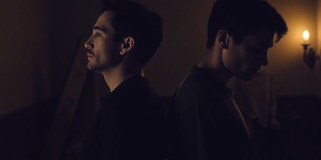 Couple with concerned expressions, facing away.