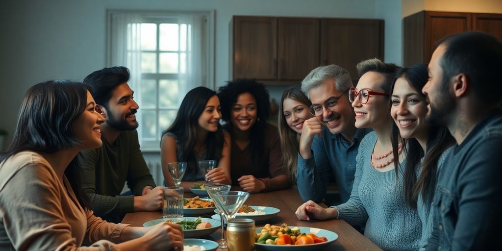 Couple with diverse partners sharing a meal.