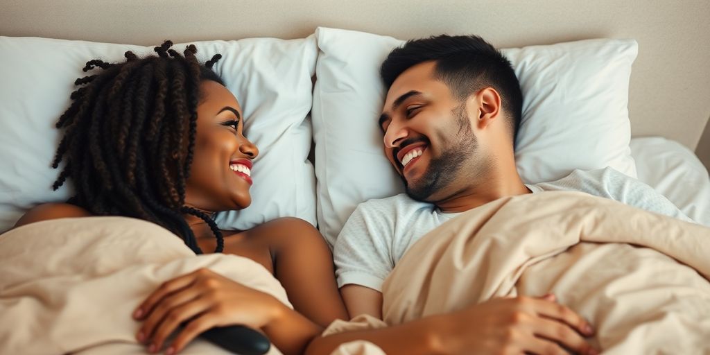 Couple with sex toys, smiling, in bed.