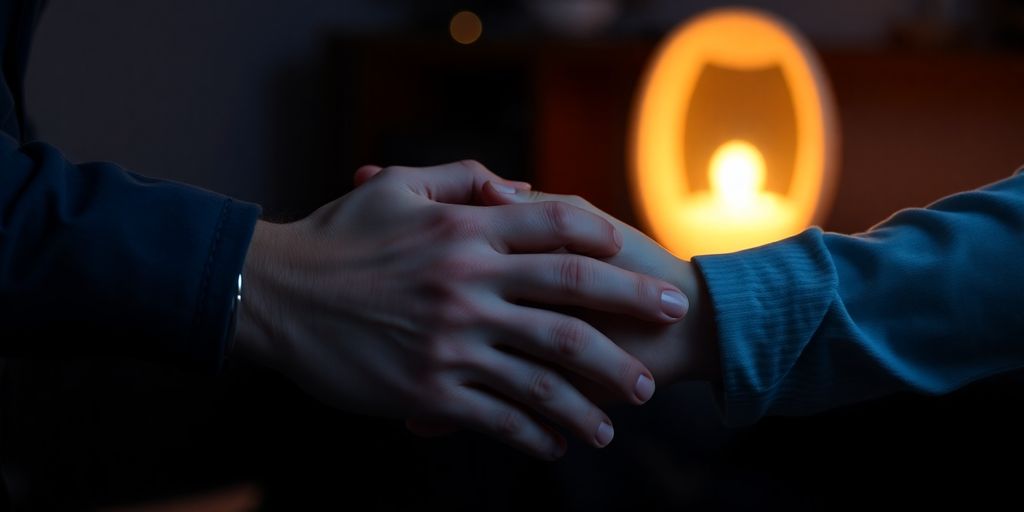 Couple's hands intertwined, glowing remote toy nearby.