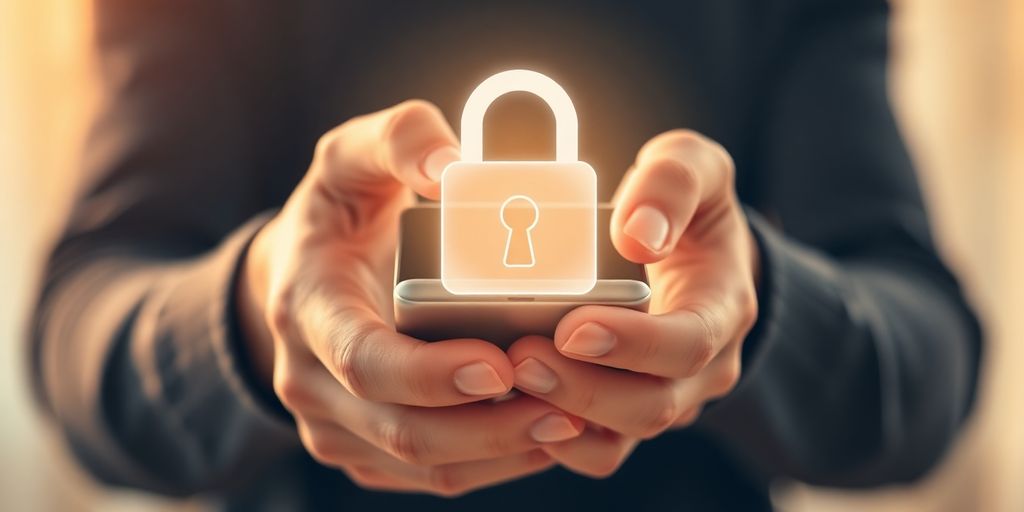 Digital lock, intertwined hands, secure phone.