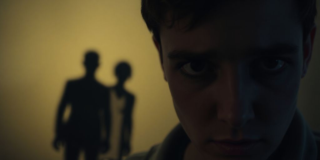 Distressed individual observes shadowy metamour figures.