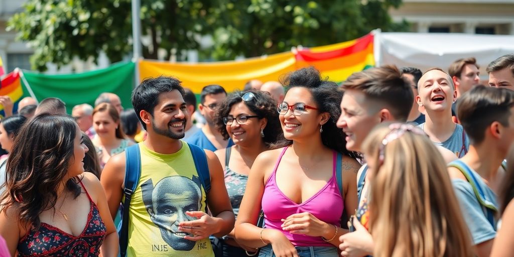 Diverse adults at pride, joyful, colorful, outdoor setting.