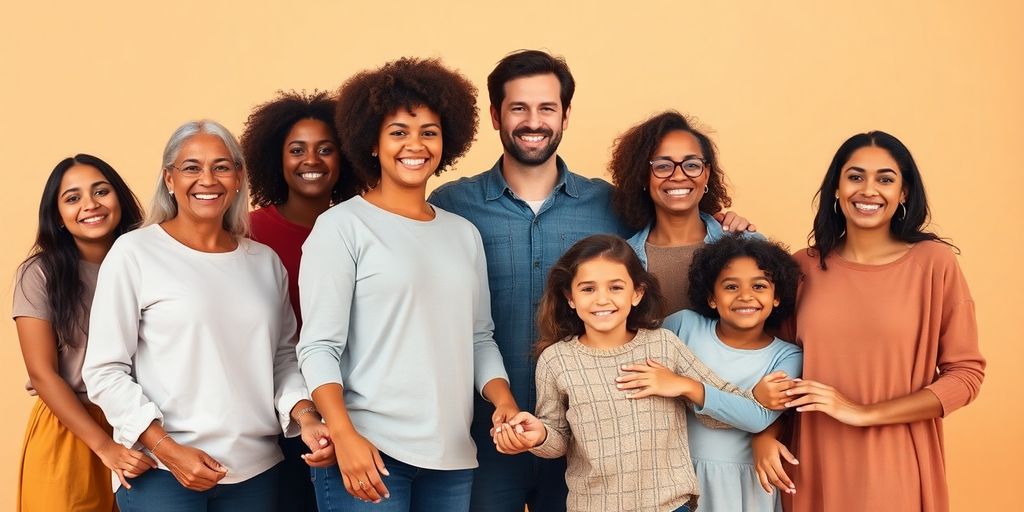 Diverse adults, children, colorful background.