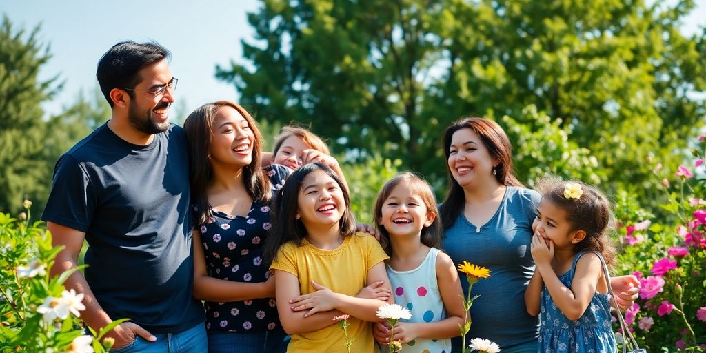 Diverse adults, children, embracing outdoors