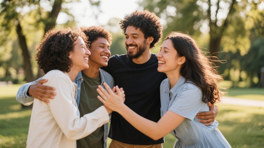 Diverse adults connect happily outdoors, polyamory.