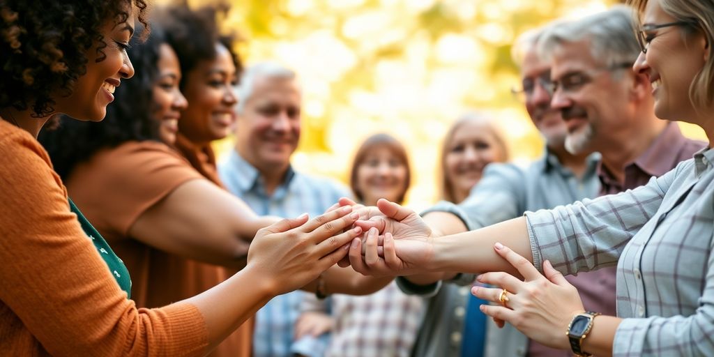 Diverse adults connect, holding hands, smiling.