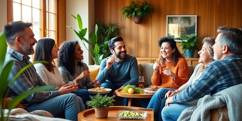 Diverse adults connect in a bright, cozy living room.