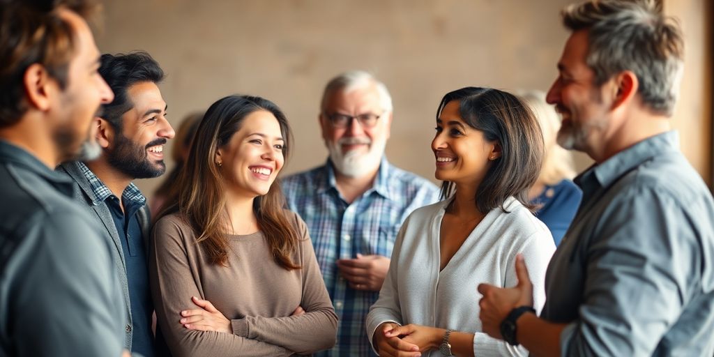 Diverse adults connect in a warm, inviting setting.