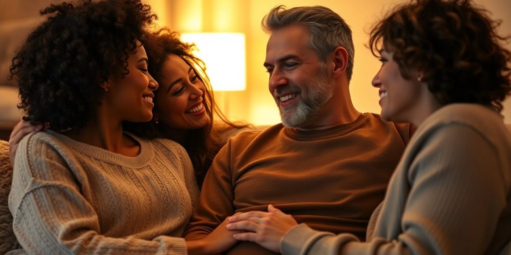 Diverse adults connect intimately, warm lighting.