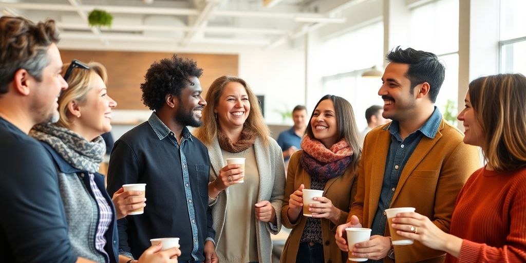 Diverse adults connecting, no labels, modern setting.